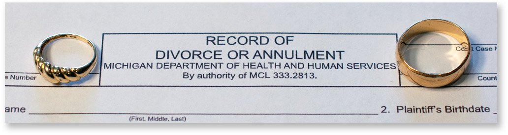 The top of a form used for Michigan divorces that's titled record of divorce or annulment