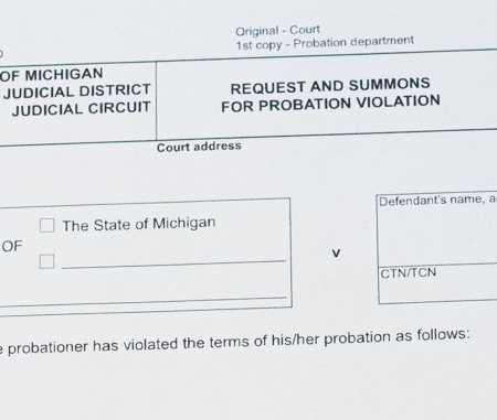 Michigan court document with the title Request and Summons for Probation Violation