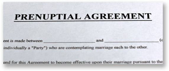 Top section of a legal form that says prenuptial agreement in big bold letters