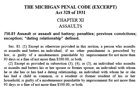 Section of the Michigan Penal Code discussing assault and battery offenses